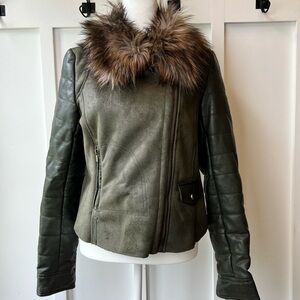 Wilson Leather Jacket Women Full Zip Green Coat Suede Faux Fur Medium FLAWS
